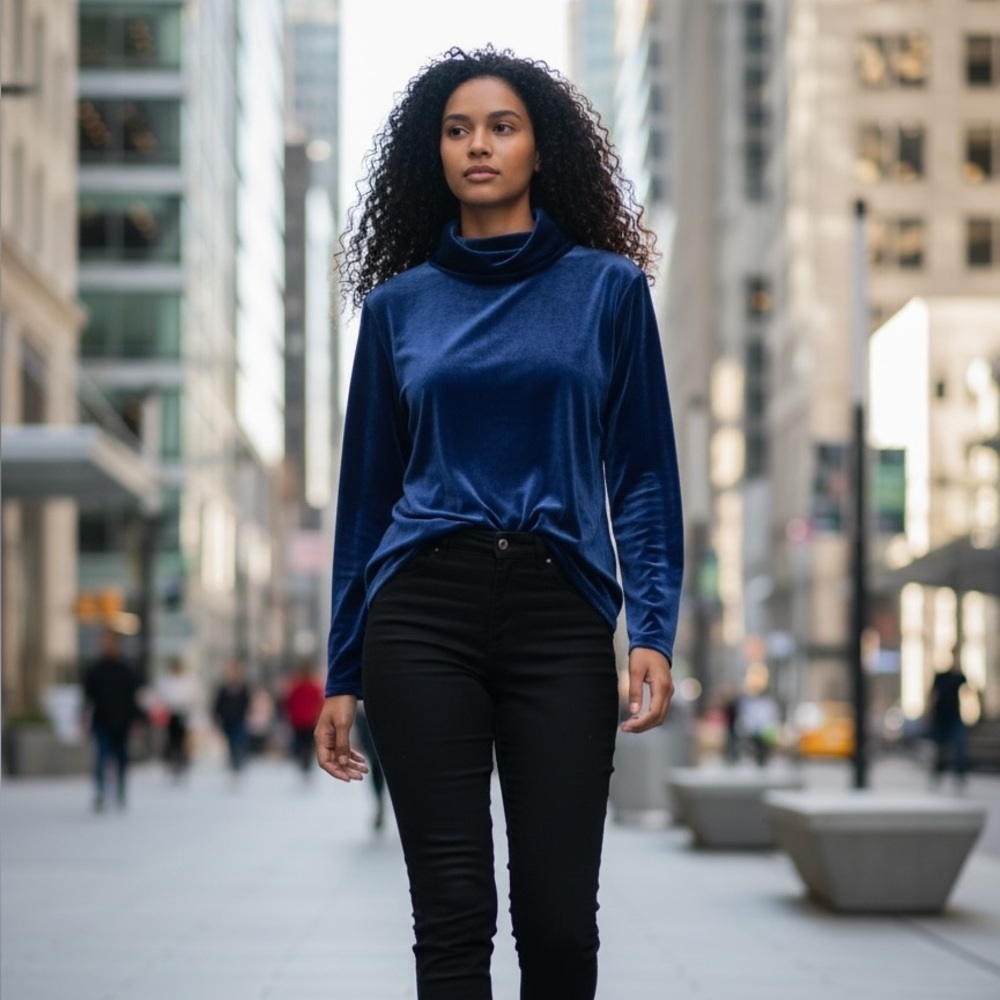 Soft Surroundings Velvet Long Sleeve High Neck Blue Top Size L